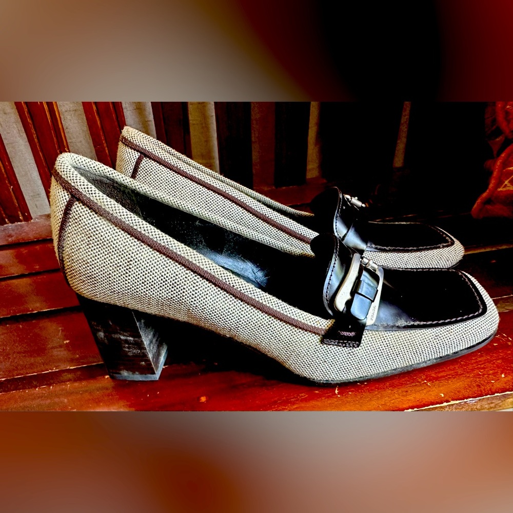 Vintage Prada Brown tweed shoes with square toe and heel 37 1/2 B.